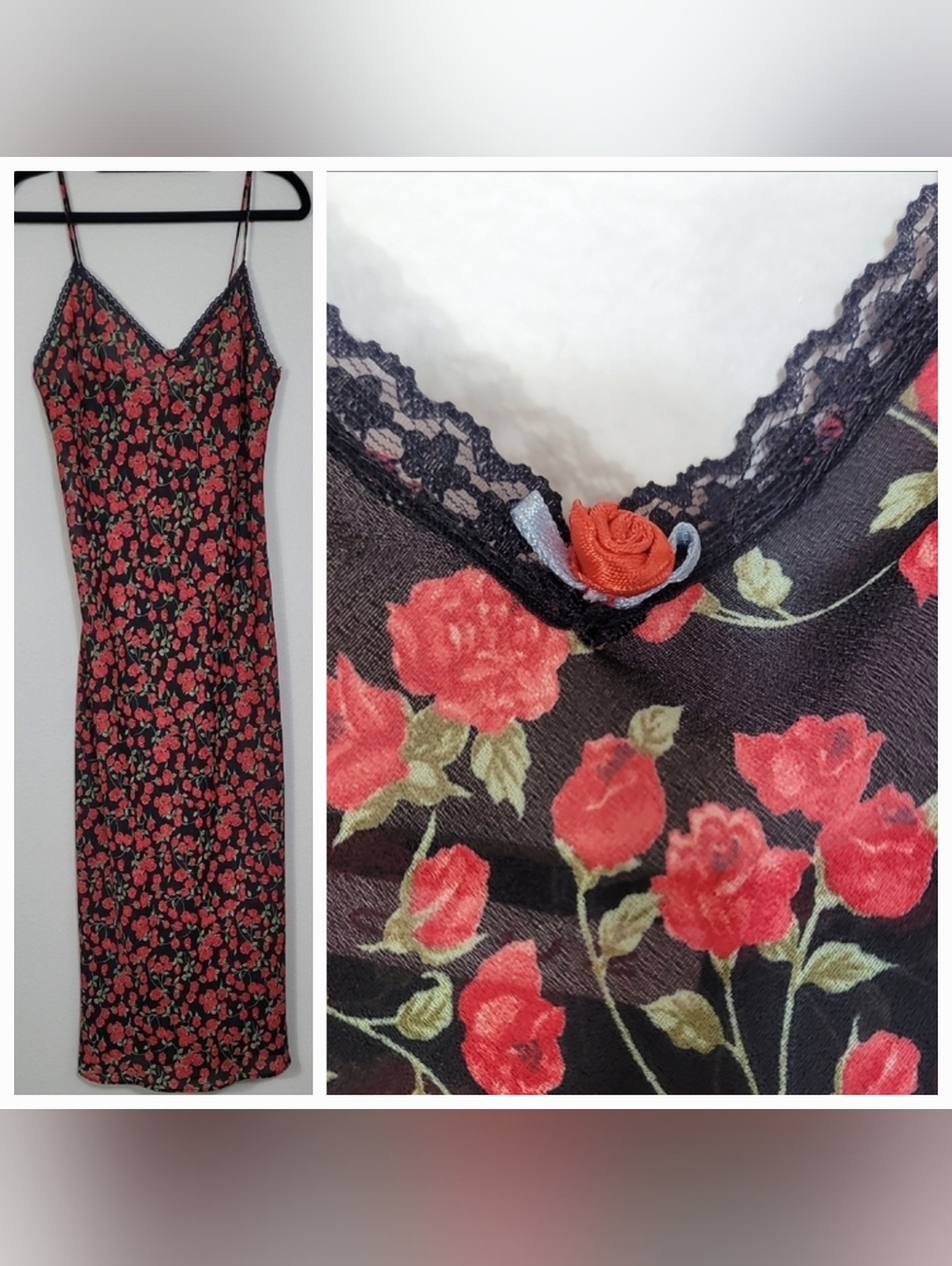 Y2K Cruz Floral Maxi Slip Dress XS/S Black Red Roses Whimsigoth Dark Romantic